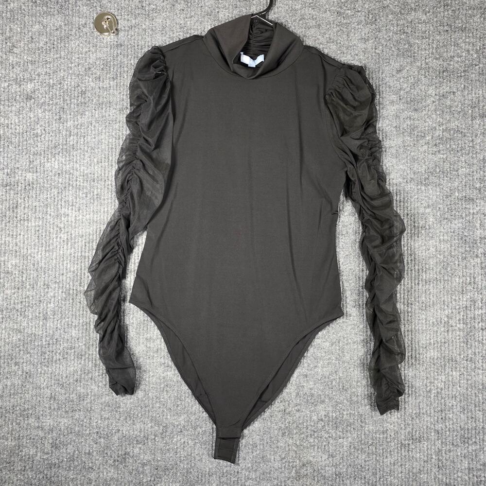 Antonio Melani Annalee Bodysuit L NWT Black‎ Ruched Mesh Sleeve Mock Neck